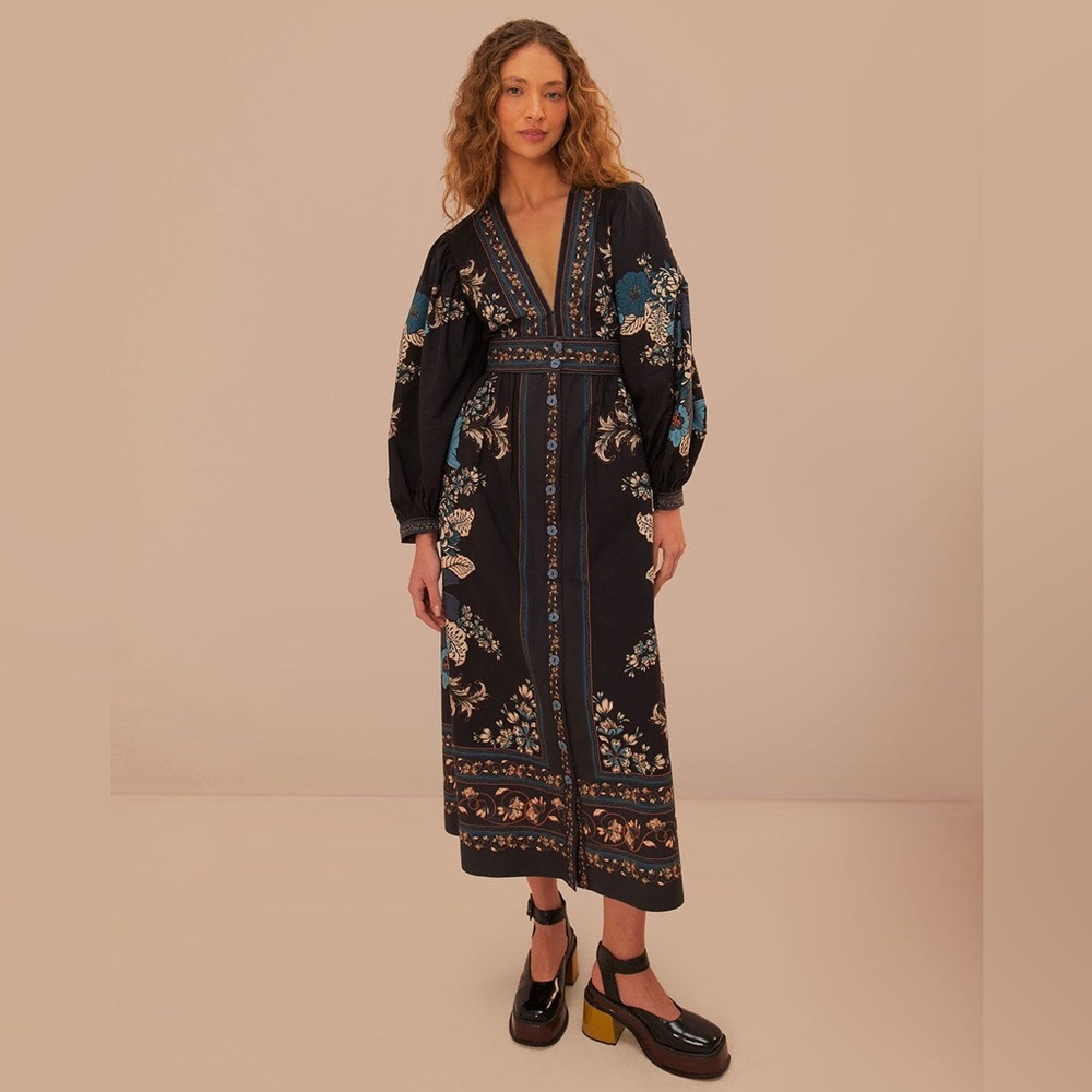 FARM Rio Black Floral Midi Dress with Teal Accents